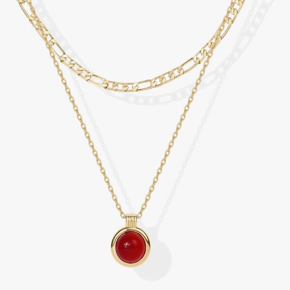 NEW 14K Gold Plated Layered Carnelian Gemstone Pendant Figaro Chain Necklace